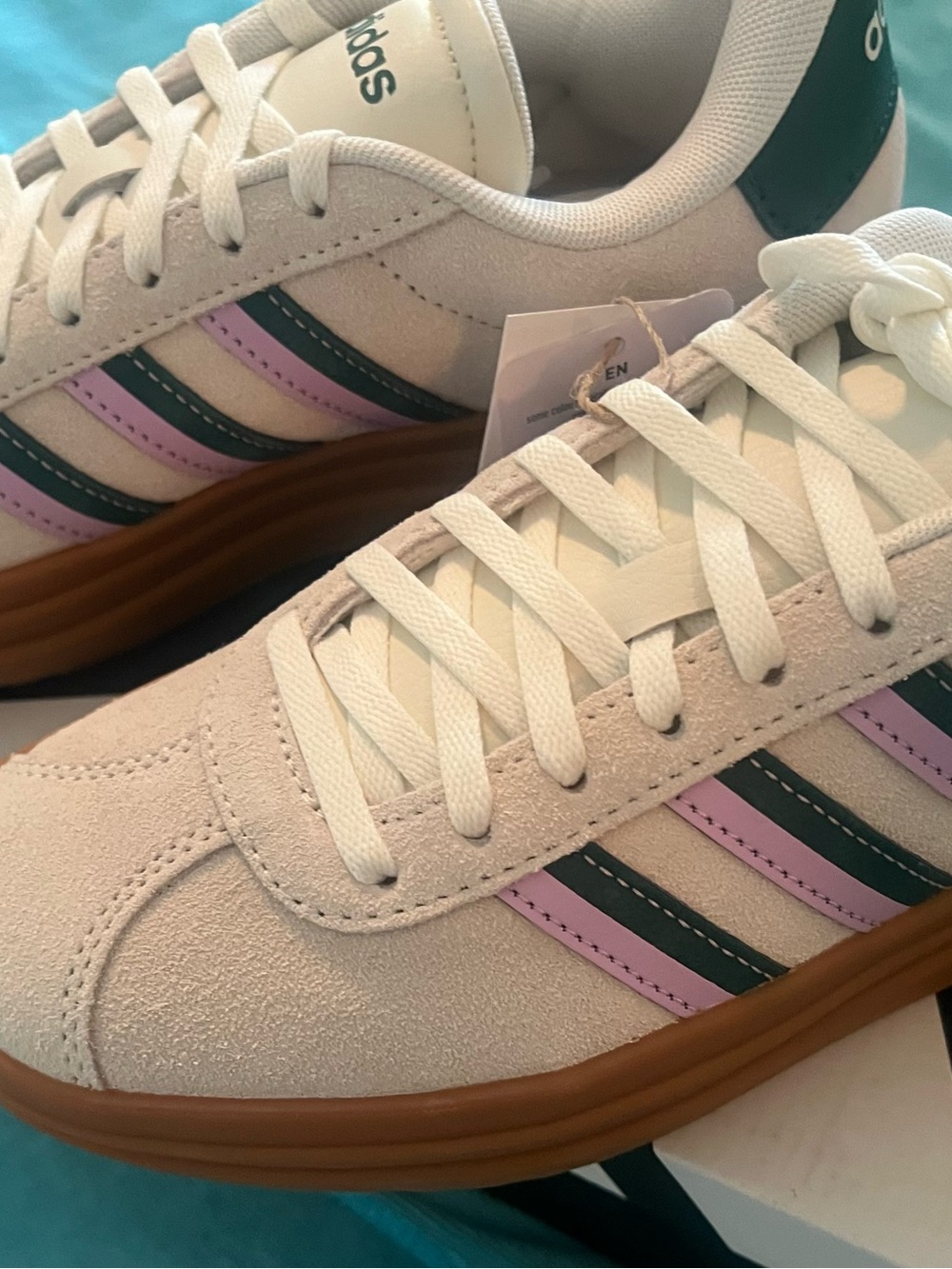Adidas White Suede Sneakers with Pink & Dark Green Stripes